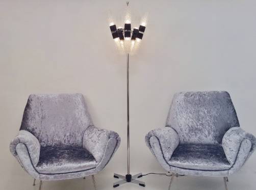 Stilnovo floor lamp in chrome, black enamel & glass, with 10 lights, 1960`s ca, Italian